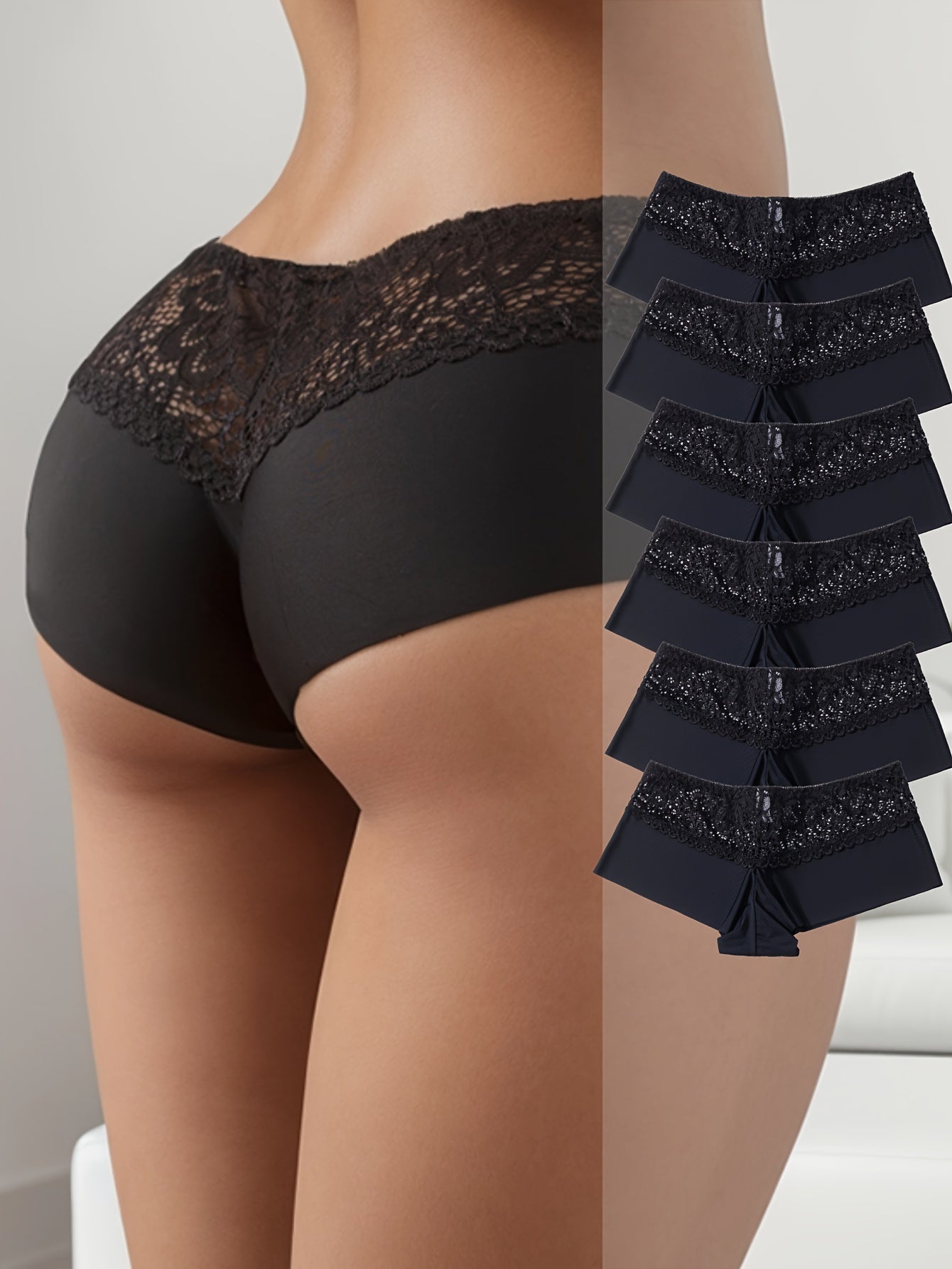 6pcs Lace-Stitched Boyshorts - Ultra-Soft & Seamless, Flexible Fit Underwear - Stylish Womens Lingerie for Everyday Comfort
