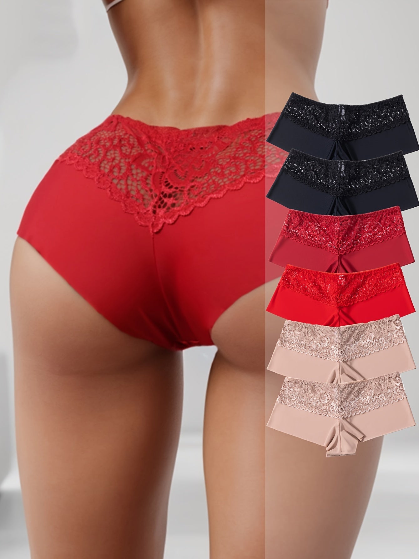 6pcs Lace-Stitched Boyshorts - Ultra-Soft & Seamless, Flexible Fit Underwear - Stylish Womens Lingerie for Everyday Comfort