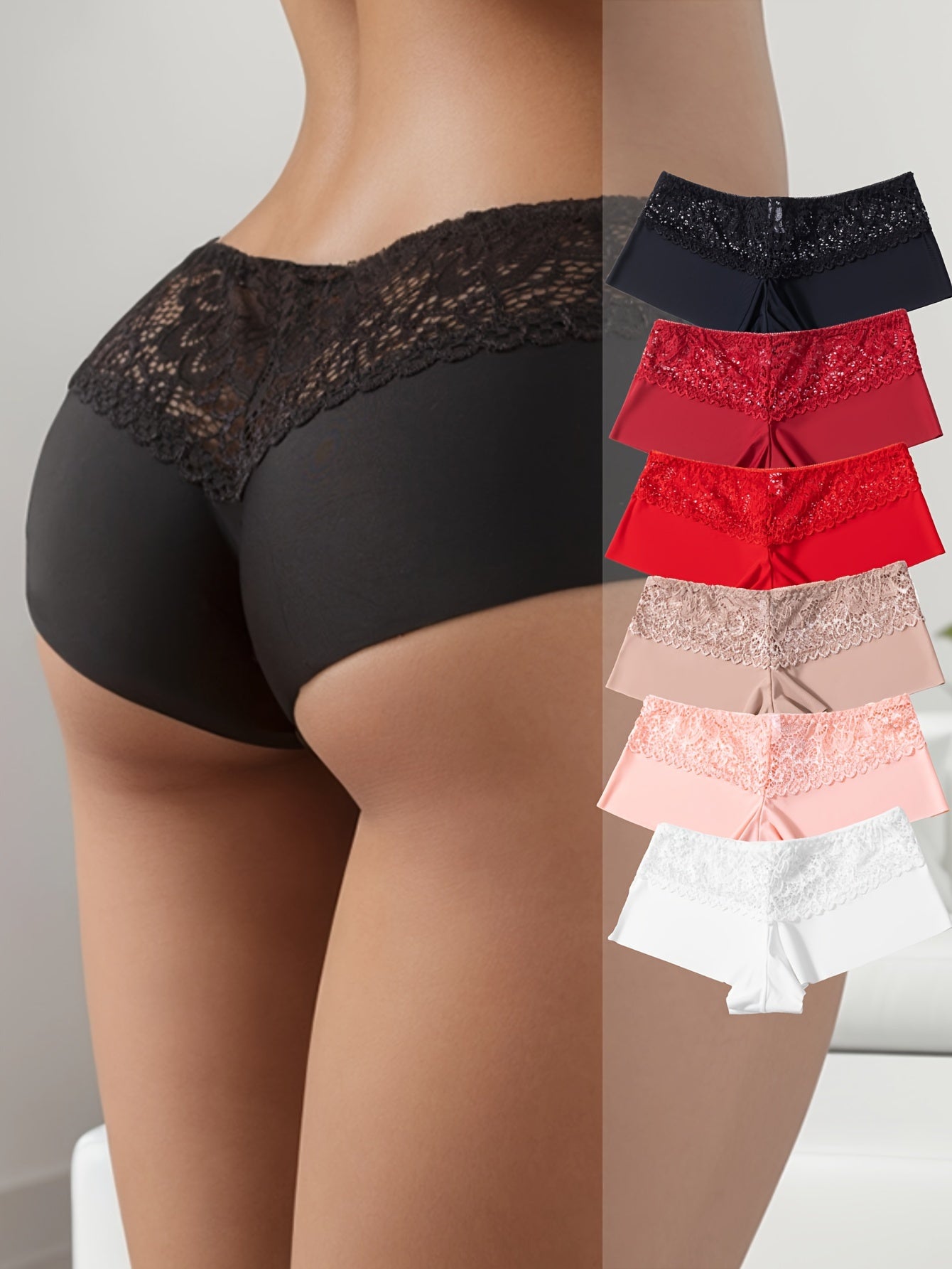 6pcs Lace-Stitched Boyshorts - Ultra-Soft & Seamless, Flexible Fit Underwear - Stylish Womens Lingerie for Everyday Comfort