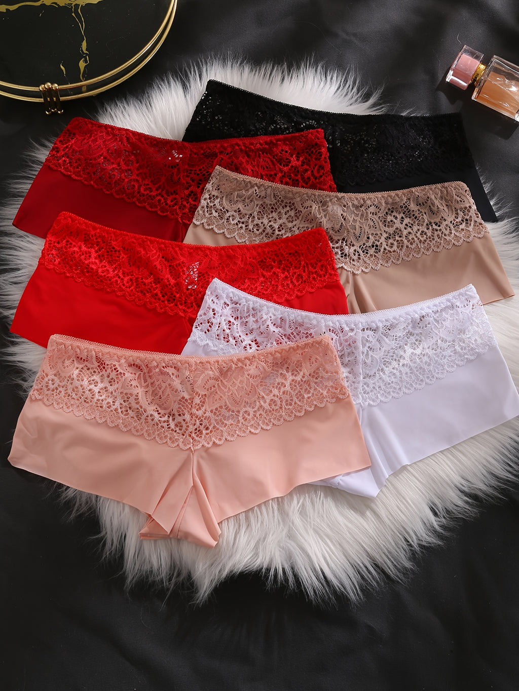 6pcs Lace-Stitched Boyshorts - Ultra-Soft & Seamless, Flexible Fit Underwear - Stylish Womens Lingerie for Everyday Comfort