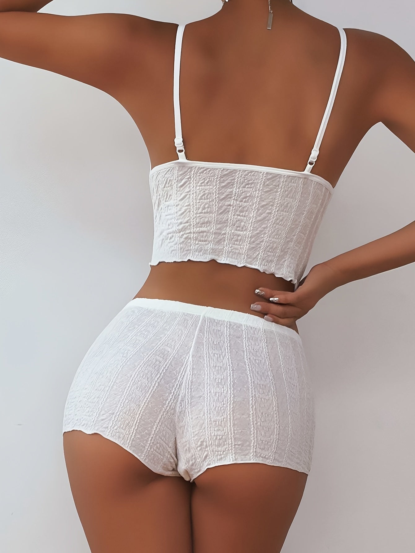 Elegant Viscose Lingerie Set - Semi-Sheer Striped Bra & Panties with Lettuce Trim Cami Top & Boyshorts - Soft Knit Fabric, Solid Color, Womens Underwear for Adults