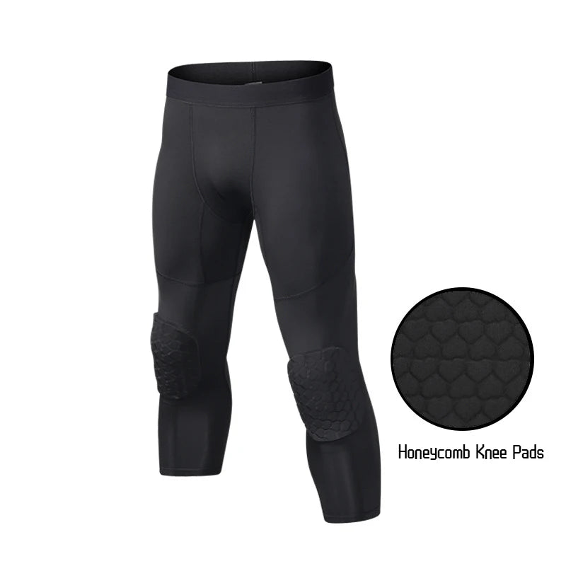 Sports Pants with Knee Pads 3/4 Compression Black Leggings Tights Mens Boys Youth Pants  Football Quick Dry  Workout Leggings