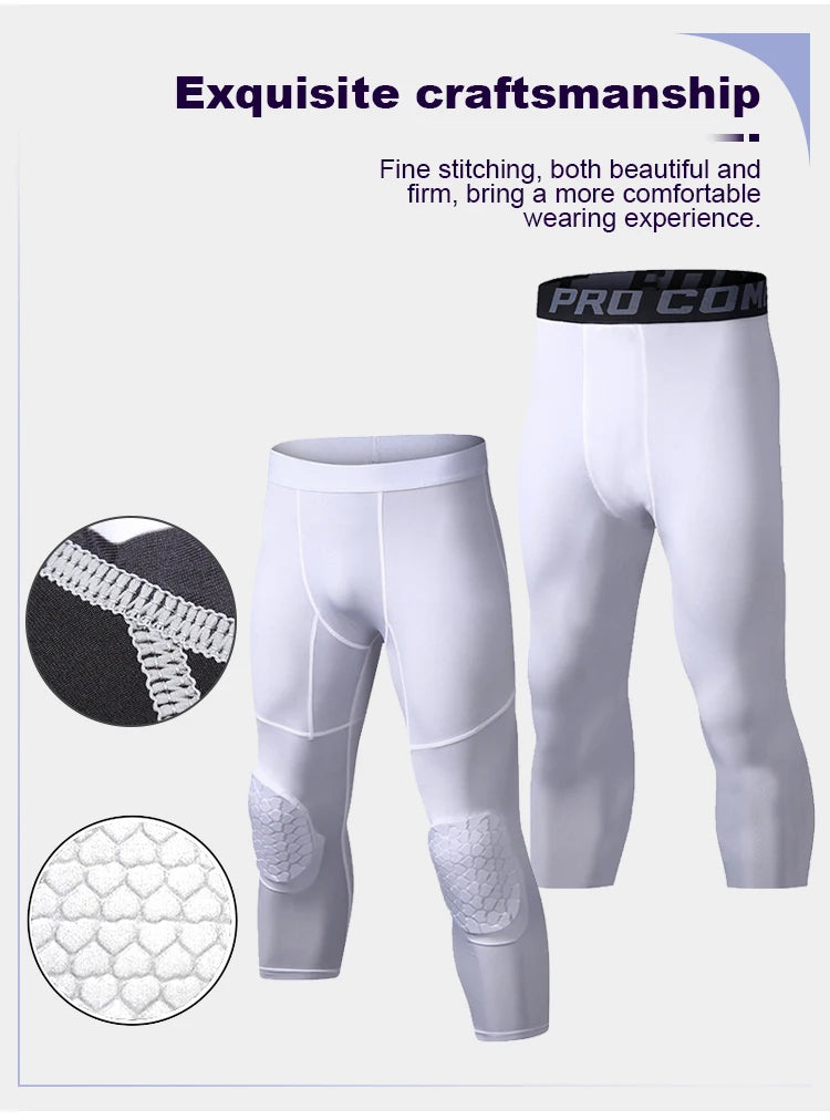 Sports Pants with Knee Pads 3/4 Compression Black Leggings Tights Mens Boys Youth Pants  Football Quick Dry  Workout Leggings