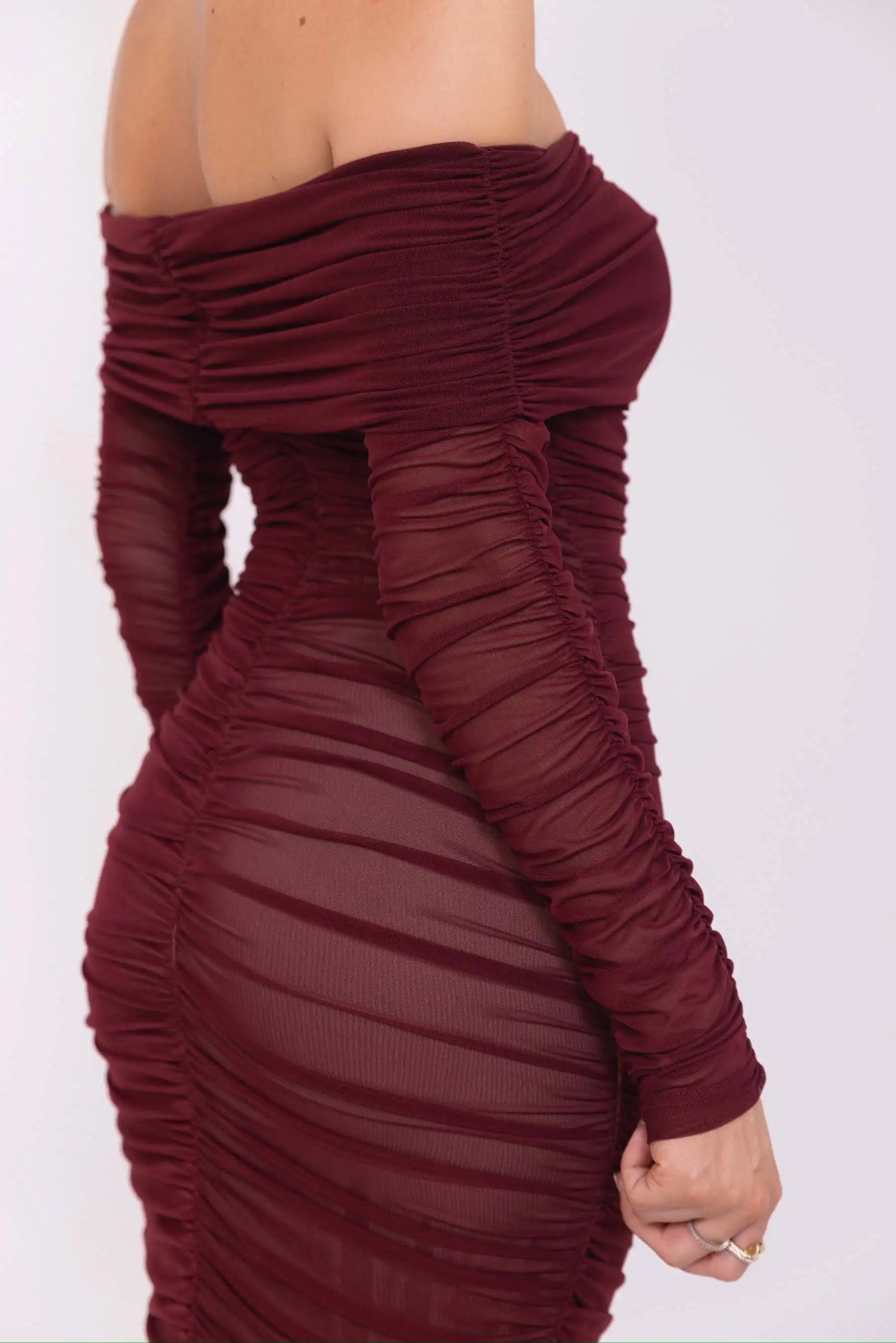 Articat Elegant One Shoulder Mesh Patchwork Long Sleeve Party Evening Dress