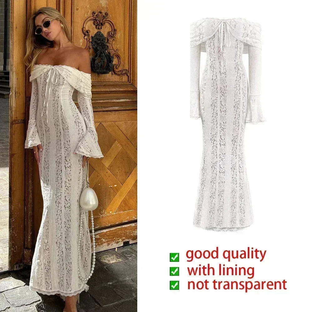 Suninheart White Evening Dresses for Events Red Long Sleeve Lace Elegant Party Dresses