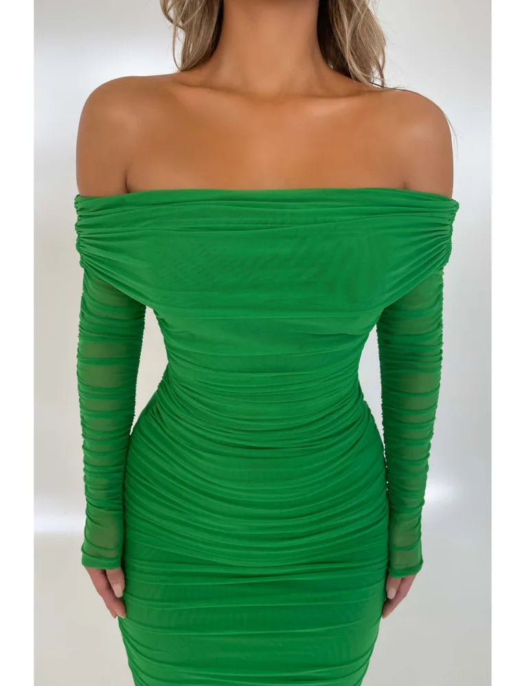 Articat Elegant One Shoulder Mesh Patchwork Long Sleeve Party Evening Dress