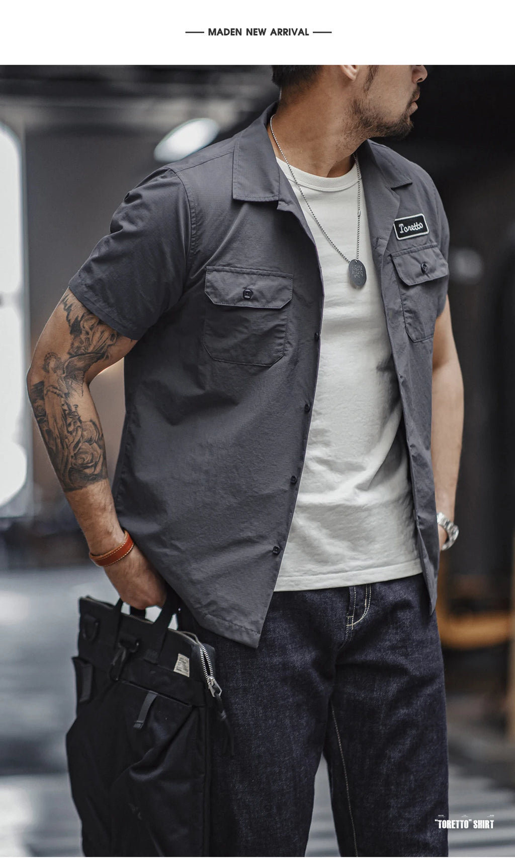 Maden Retro Toretto Short-sleeved Shirt Dark Gray Single-Breasted Large Size Lapel Thin Shirt for Men's Summer Tops