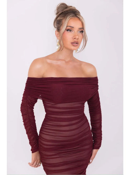 Articat Elegant One Shoulder Mesh Patchwork Long Sleeve Party Evening Dress