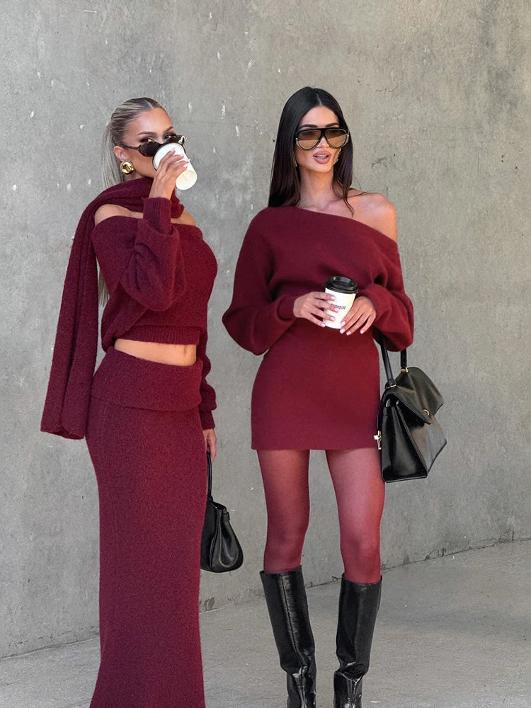 Kliou Female Elegant Mini Dress Autumn Trend Slash Neck Backless Full Sleeve Wrap Hip Street Fashion Basic Classic Style Bodycon