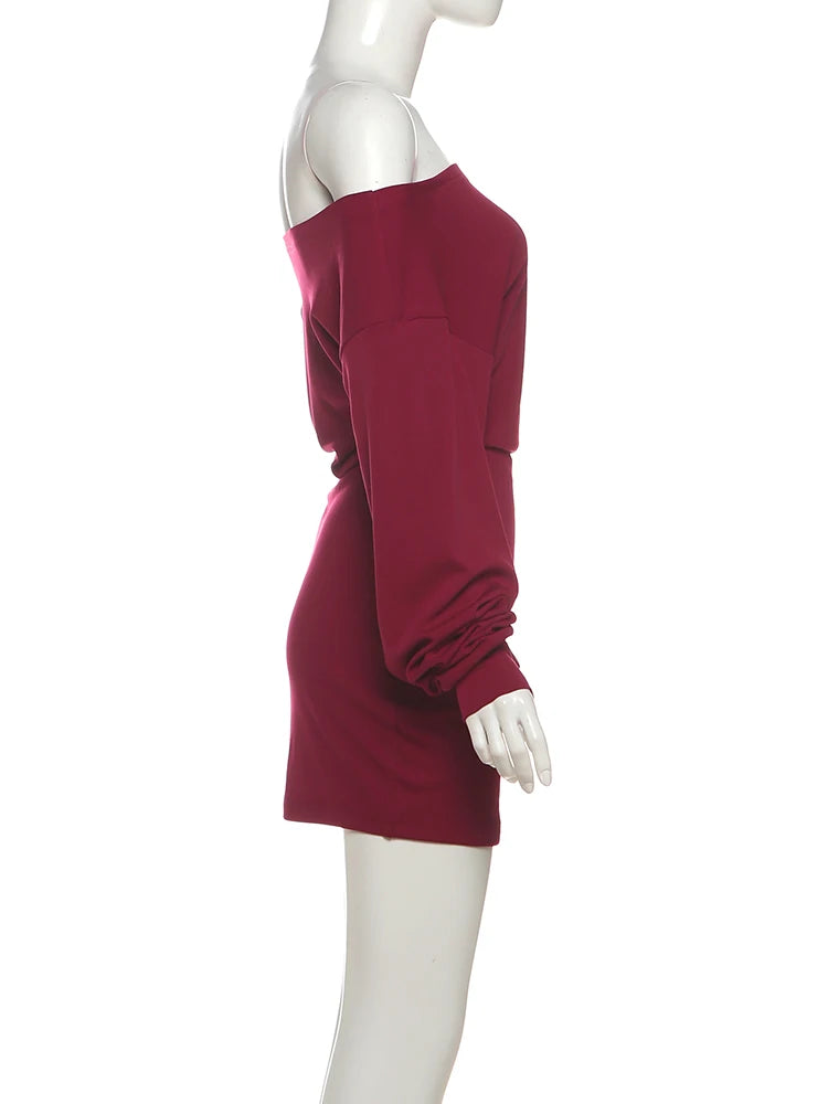 Kliou Female Elegant Mini Dress Autumn Trend Slash Neck Backless Full Sleeve Wrap Hip Street Fashion Basic Classic Style Bodycon