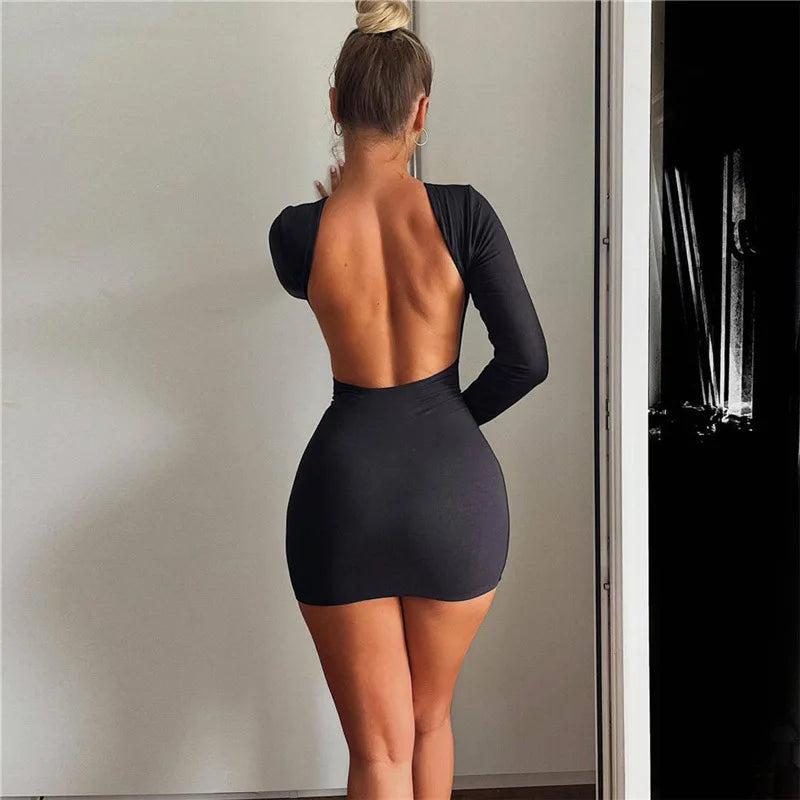 Women's simple classic backless long sleeved O-neck basic casual mini dress women's tight streetwear