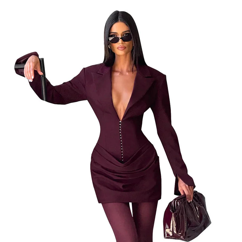 Elegant Deep V Neck Ruched Mini Autumn Long Sleeve Slim High Waist Fashion Patchwork