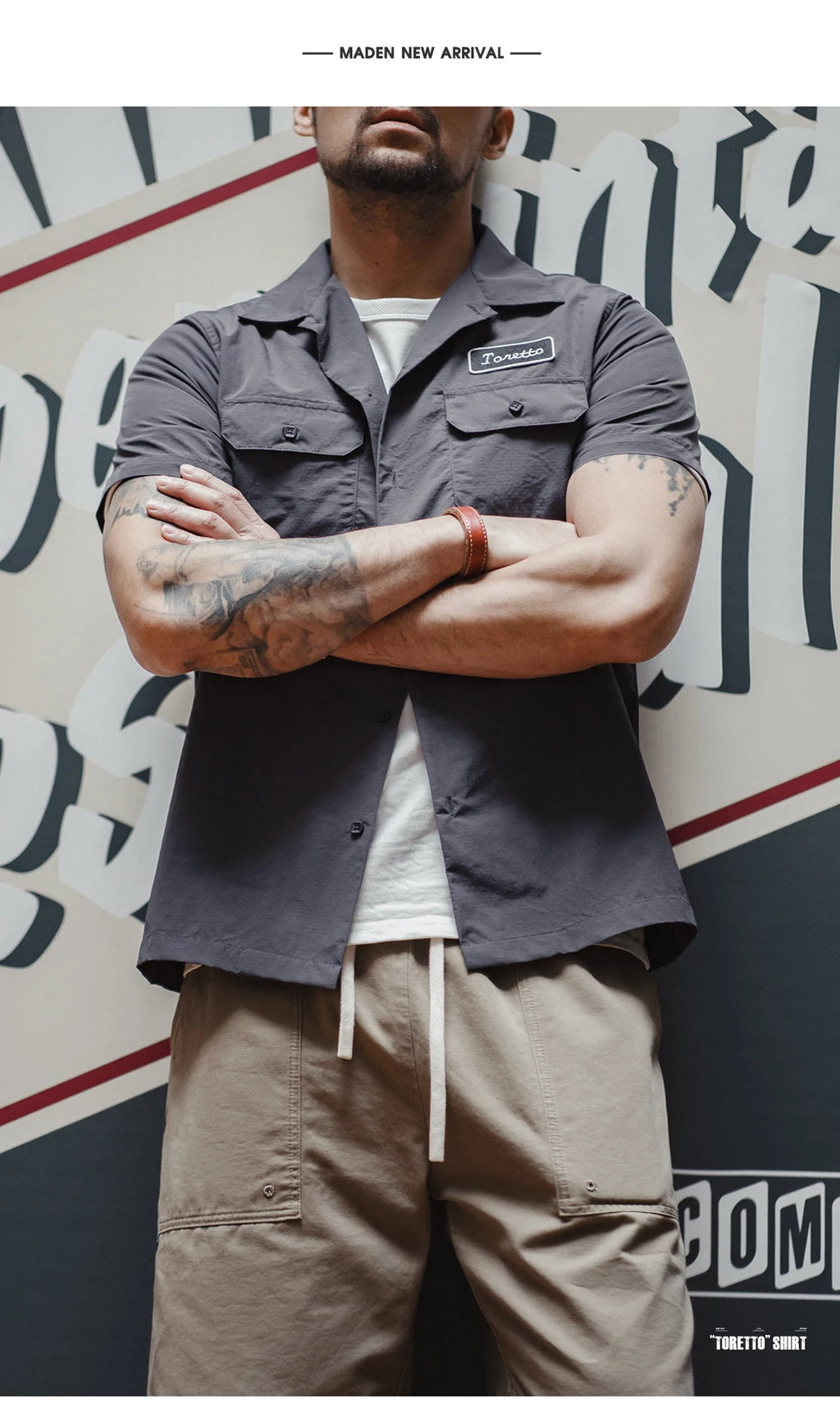 Maden Retro Toretto Short-sleeved Shirt Dark Gray Single-Breasted Large Size Lapel Thin Shirt for Men's Summer Tops