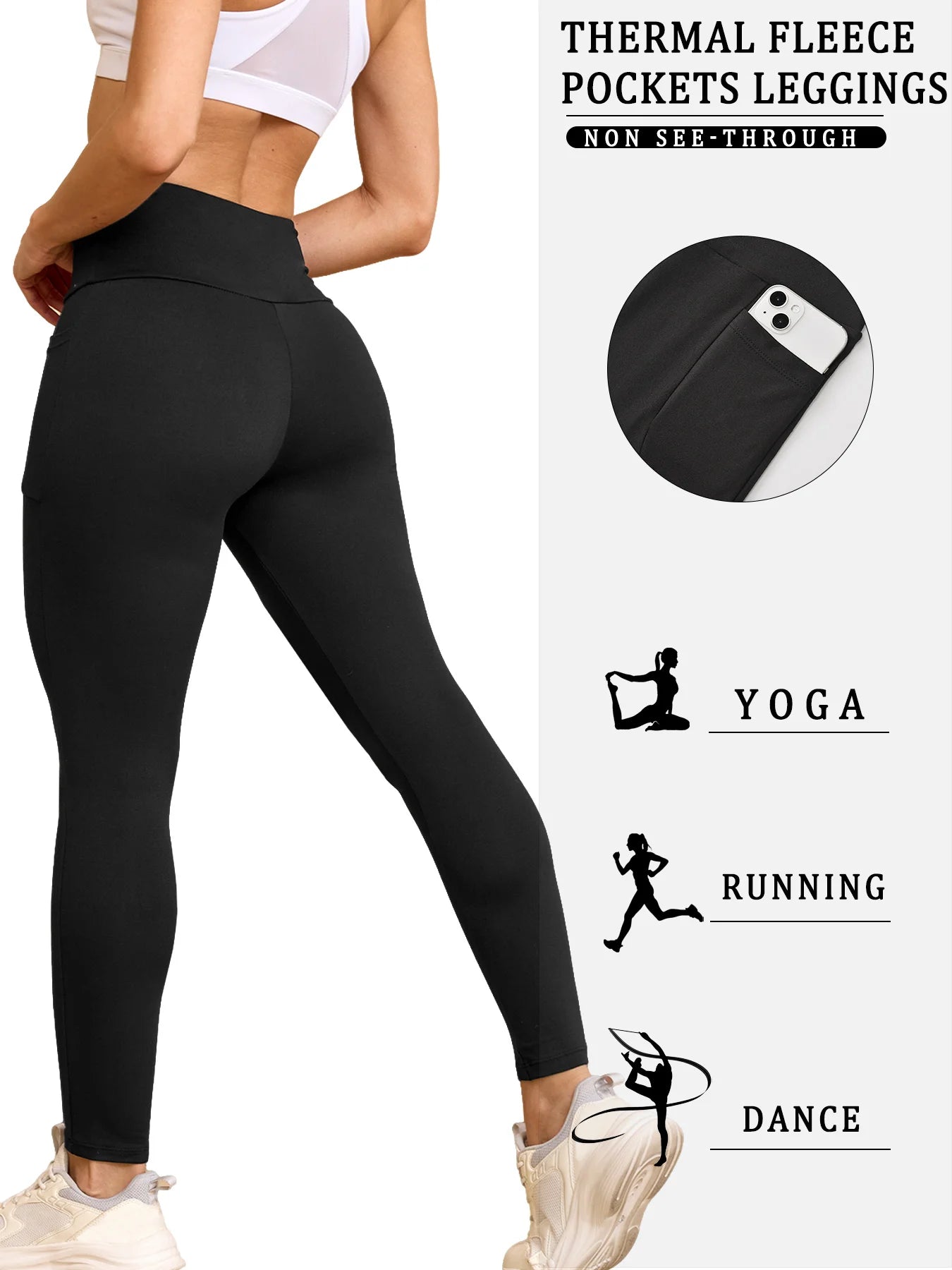 Women's Winter Thermal Leggings with Pockets - High Waisted Fleece Lined Tummy Control Thick Warm Tights for Workout Running