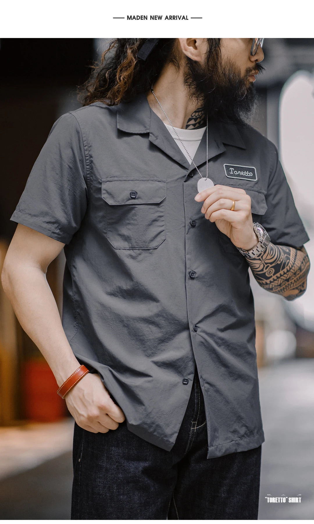 Maden Retro Toretto Short-sleeved Shirt Dark Gray Single-Breasted Large Size Lapel Thin Shirt for Men's Summer Tops