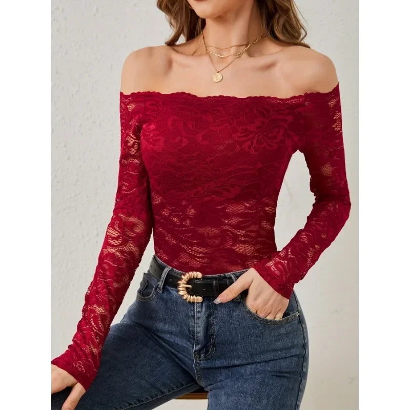 Sexy Off-shoulder Slim Fit Lace Blouse Women Fashion Long Sleeve  Casual T-shirt Streetwear Solid Hollow Out Elegant Top