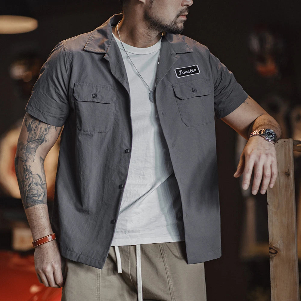 Maden Retro Toretto Short-sleeved Shirt Dark Gray Single-Breasted Large Size Lapel Thin Shirt for Men's Summer Tops