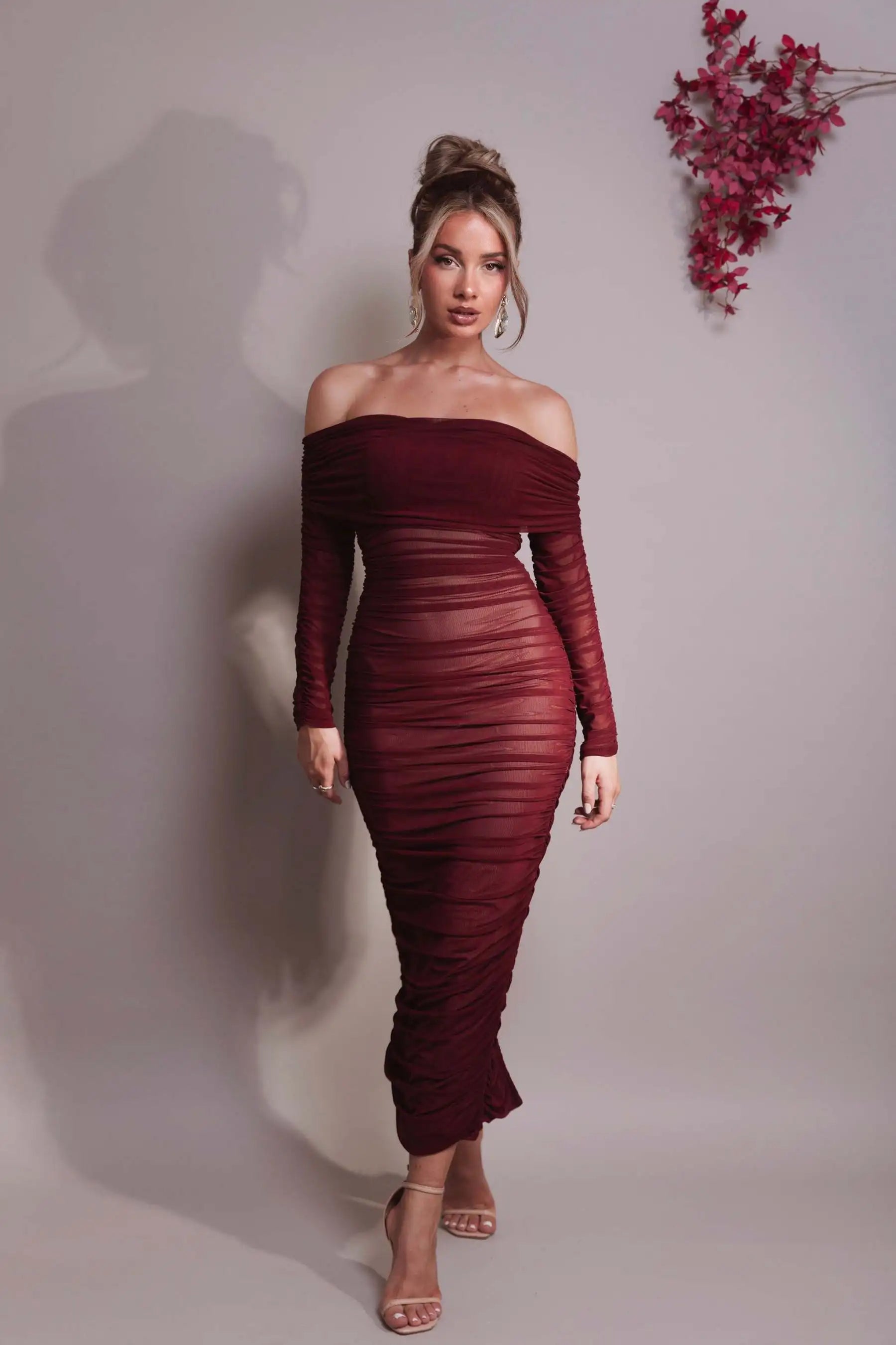 Articat Elegant One Shoulder Mesh Patchwork Long Sleeve Party Evening Dress