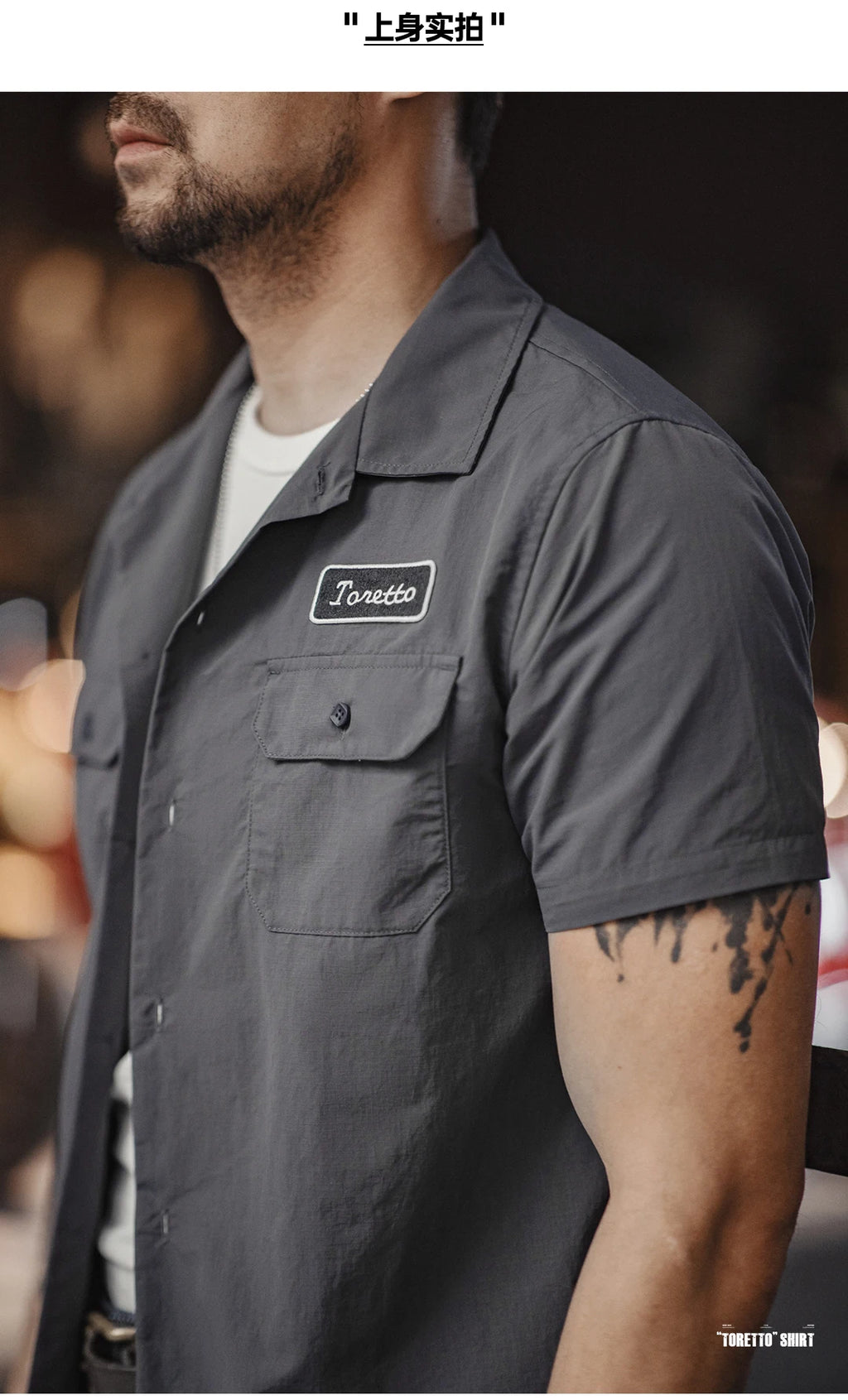 Maden Retro Toretto Short-sleeved Shirt Dark Gray Single-Breasted Large Size Lapel Thin Shirt for Men's Summer Tops