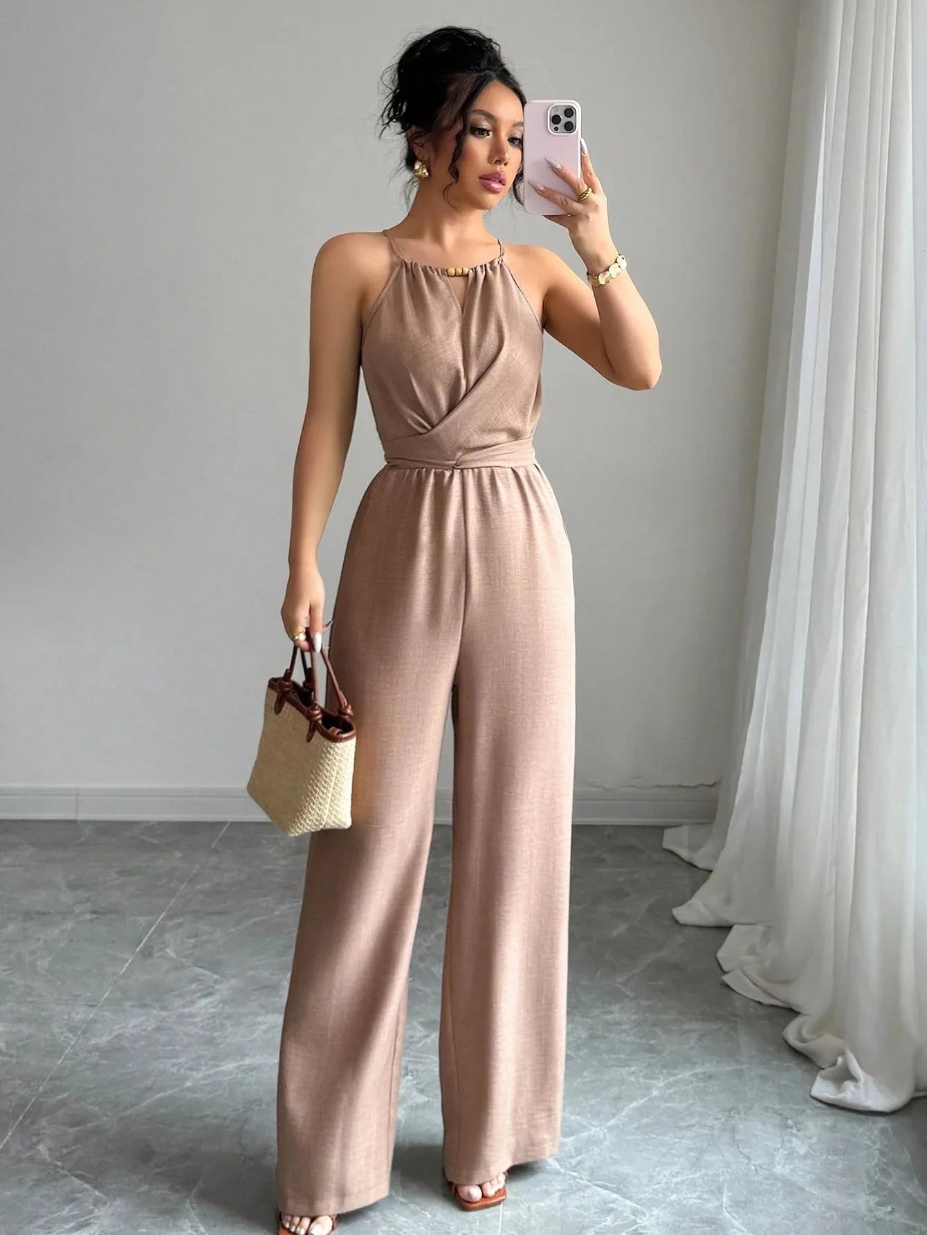 Women's Casual Halter Jumpsuit Spring and Summer Daily Solid Slim-Fit Backless Sleeveless Jumpsuit Lady's Floor-Length Trousers