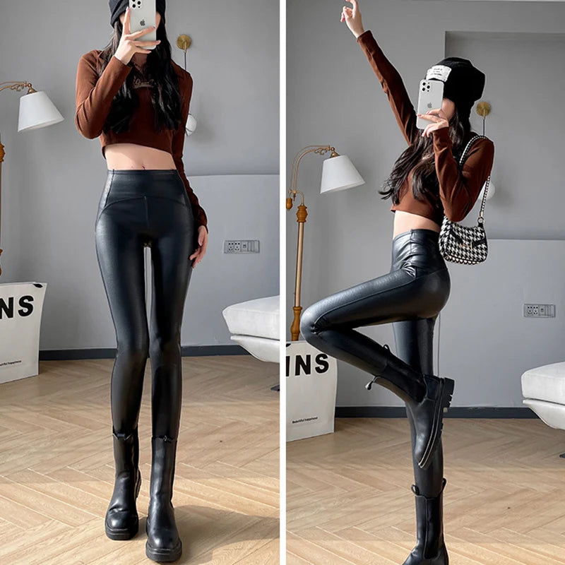 High Quality Faux Crocodile Leather Pants Women Texture Windproof Warm Fleece Leggings Autumn Winter Motorcycle Black Pants Lady