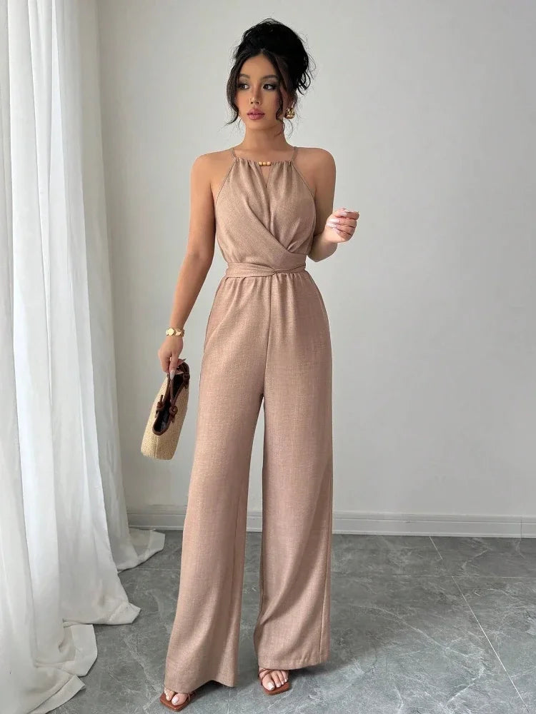 Woman Jumpsuits Elegant Summer Fold Off Shoulder Beads Jumpsuits Fashionable Slim Fit Belt Button High Waist Wide Legs Jumpsuits