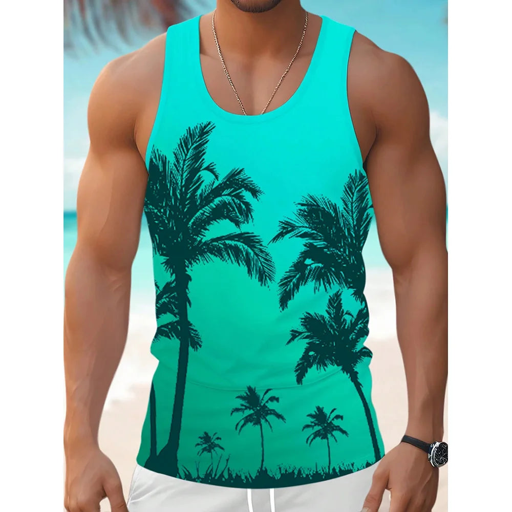 Hawaii Beach Beach Resort Casual Crew-neck Men's Tank Top Street Fashion Harajuku Fresh Coconut Print Men's Casual Tank Top