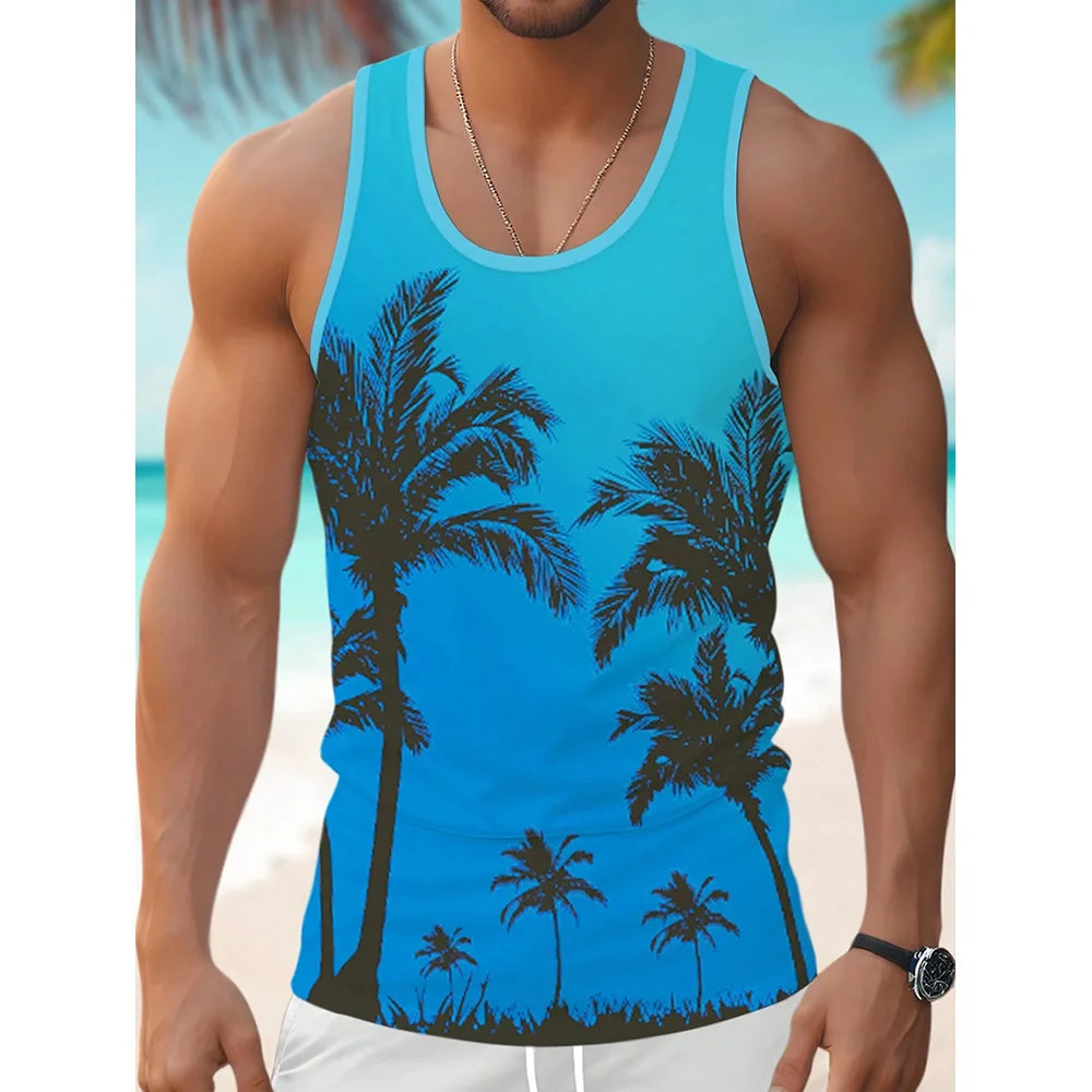 Hawaii Beach Beach Resort Casual Crew-neck Men's Tank Top Street Fashion Harajuku Fresh Coconut Print Men's Casual Tank Top