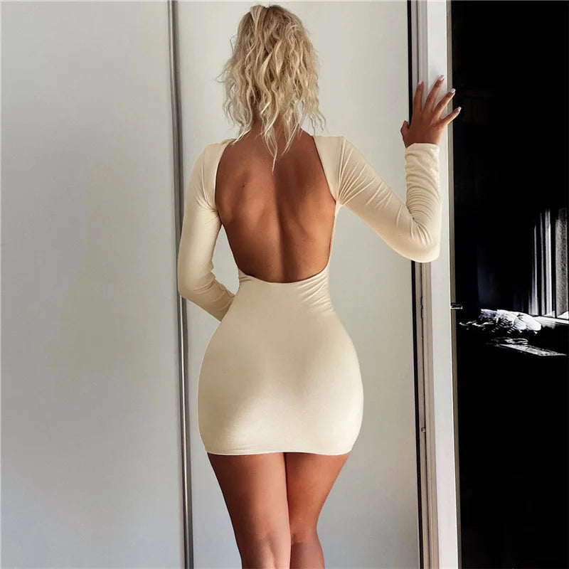 Women's simple classic backless long sleeved O-neck basic casual mini dress women's tight streetwear