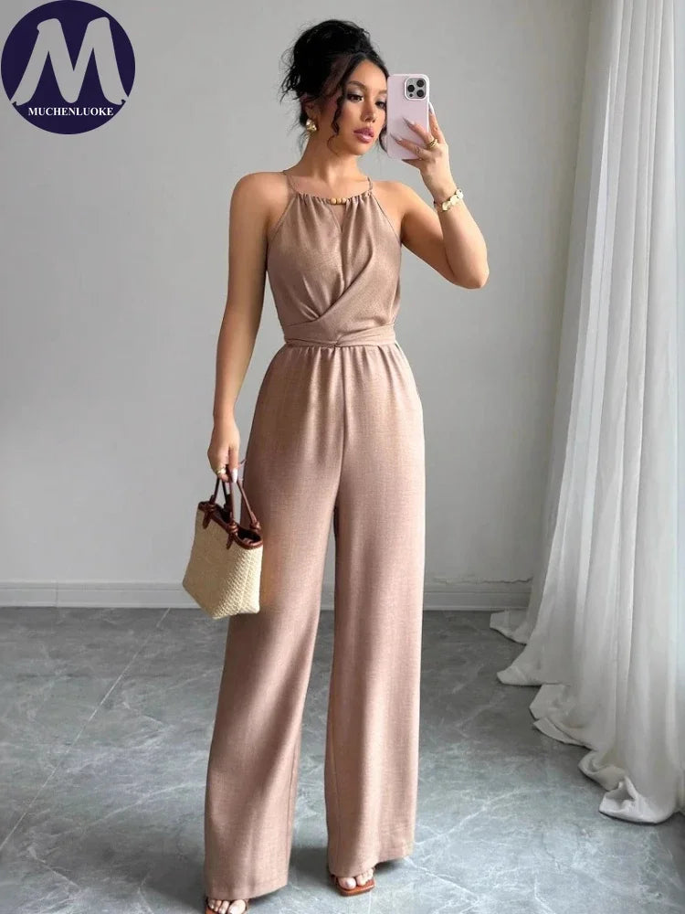 Woman Jumpsuits Elegant Summer Fold Off Shoulder Beads Jumpsuits Fashionable Slim Fit Belt Button High Waist Wide Legs Jumpsuits