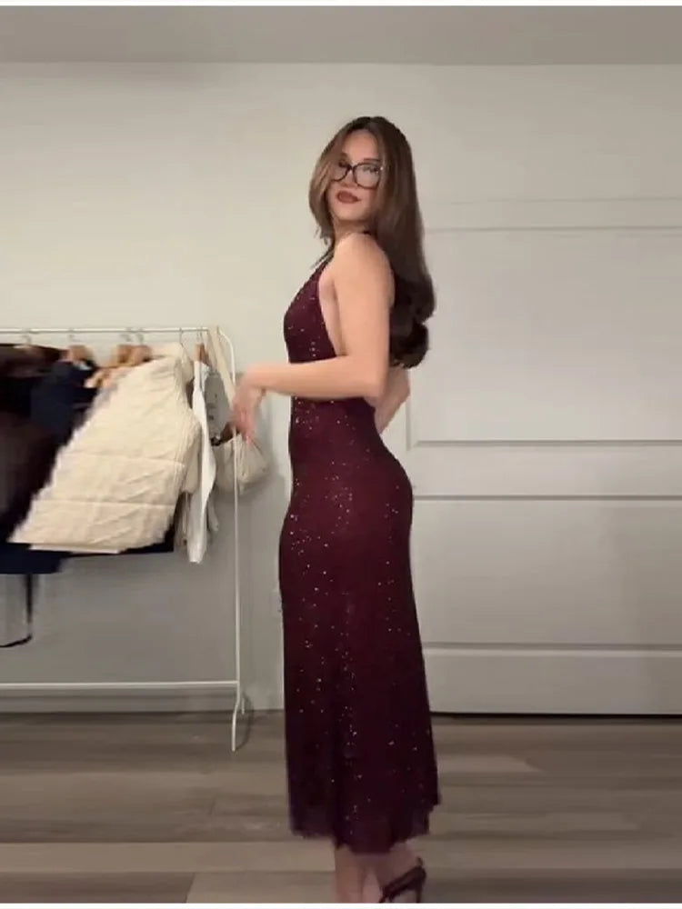 Women's Elegant Maxi Dress, Red, Shinny with Diamonds, A-Line Deep V Neck, Sleeveless Dress