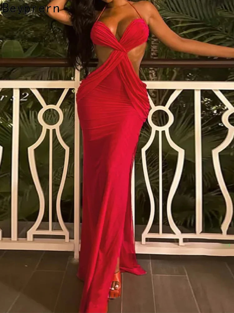 Beyprern Sexy Women's Red Halter Neck Maxi Dress New Ladies Backless Twist Front Cutout Sleeveless Bodycon Formal Gown