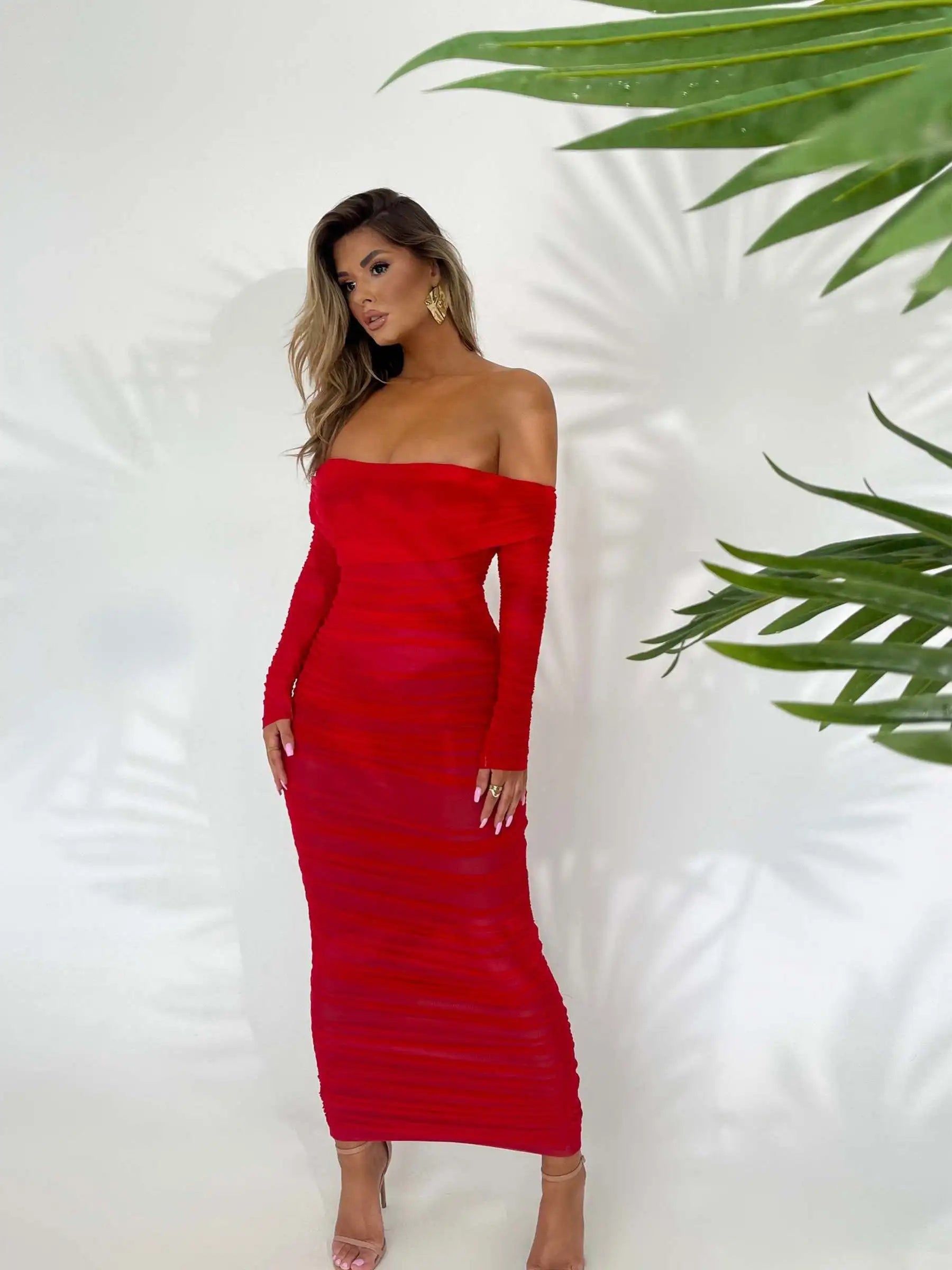 Articat Elegant One Shoulder Mesh Patchwork Long Sleeve Party Evening Dress