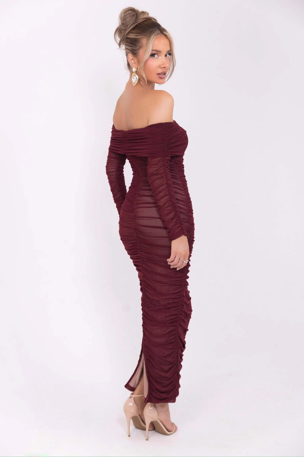 Articat Elegant One Shoulder Mesh Patchwork Long Sleeve Party Evening Dress