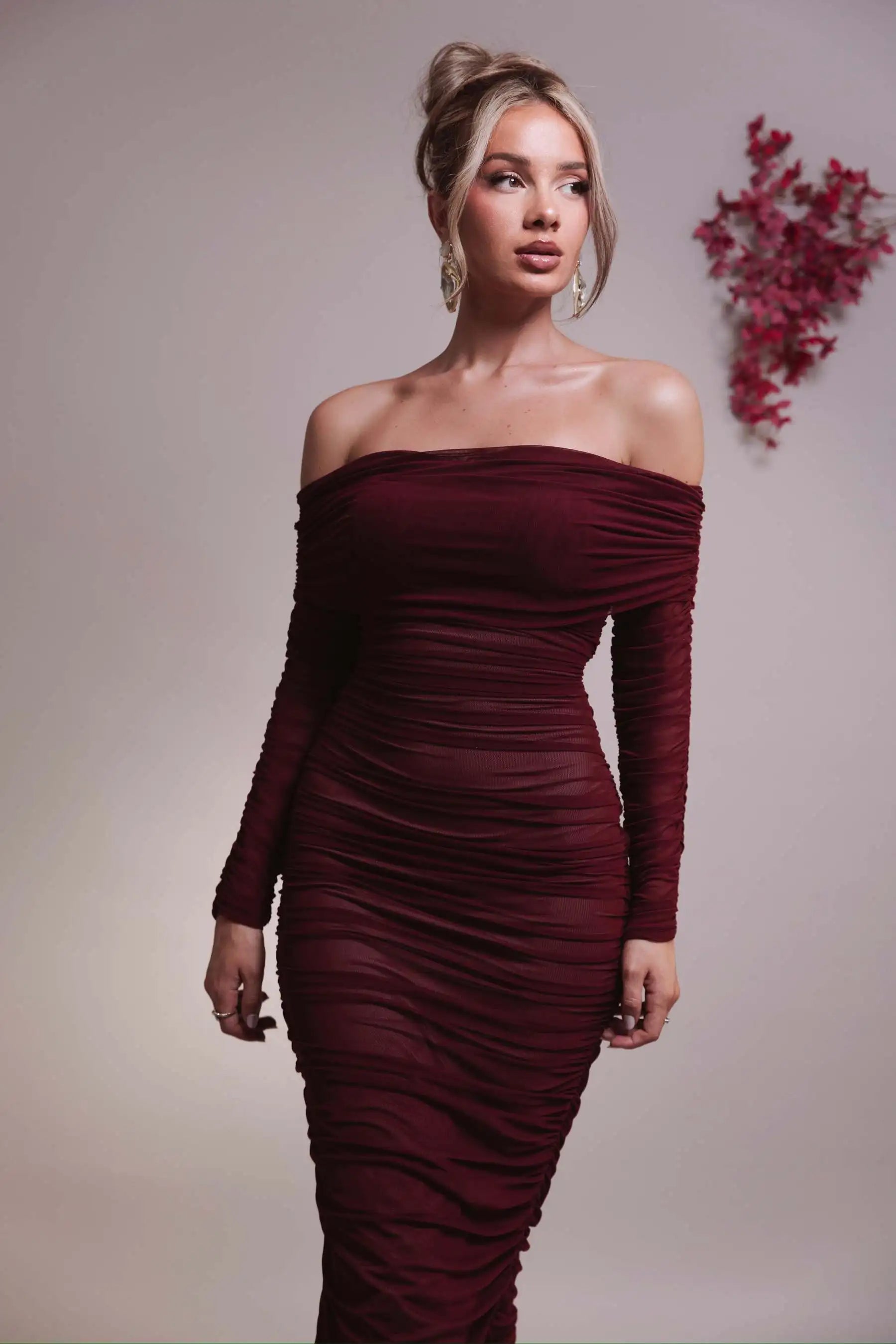 Articat Elegant One Shoulder Mesh Patchwork Long Sleeve Party Evening Dress