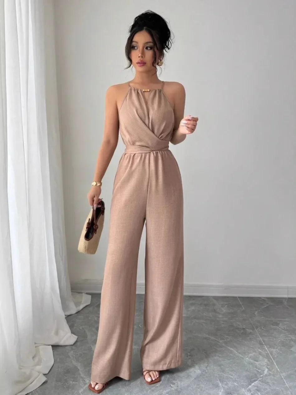 Woman Jumpsuits Elegant Summer Fold Off Shoulder Beads Jumpsuits Fashionable Slim Fit Belt Button High Waist Wide Legs Jumpsuits