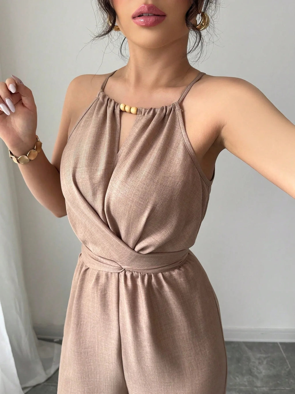 Women's Casual Halter Jumpsuit Spring and Summer Daily Solid Slim-Fit Backless Sleeveless Jumpsuit Lady's Floor-Length Trousers