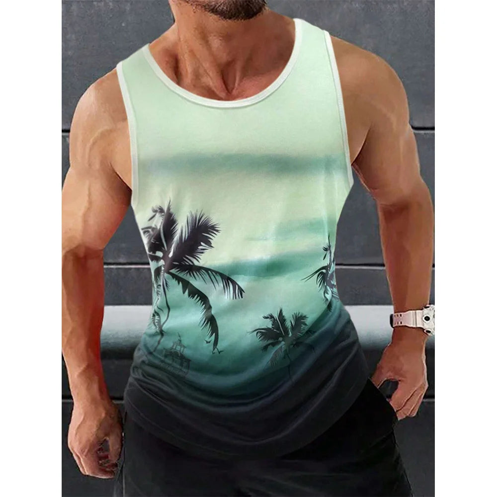 Hawaii Beach Beach Resort Casual Crew-neck Men's Tank Top Street Fashion Harajuku Fresh Coconut Print Men's Casual Tank Top