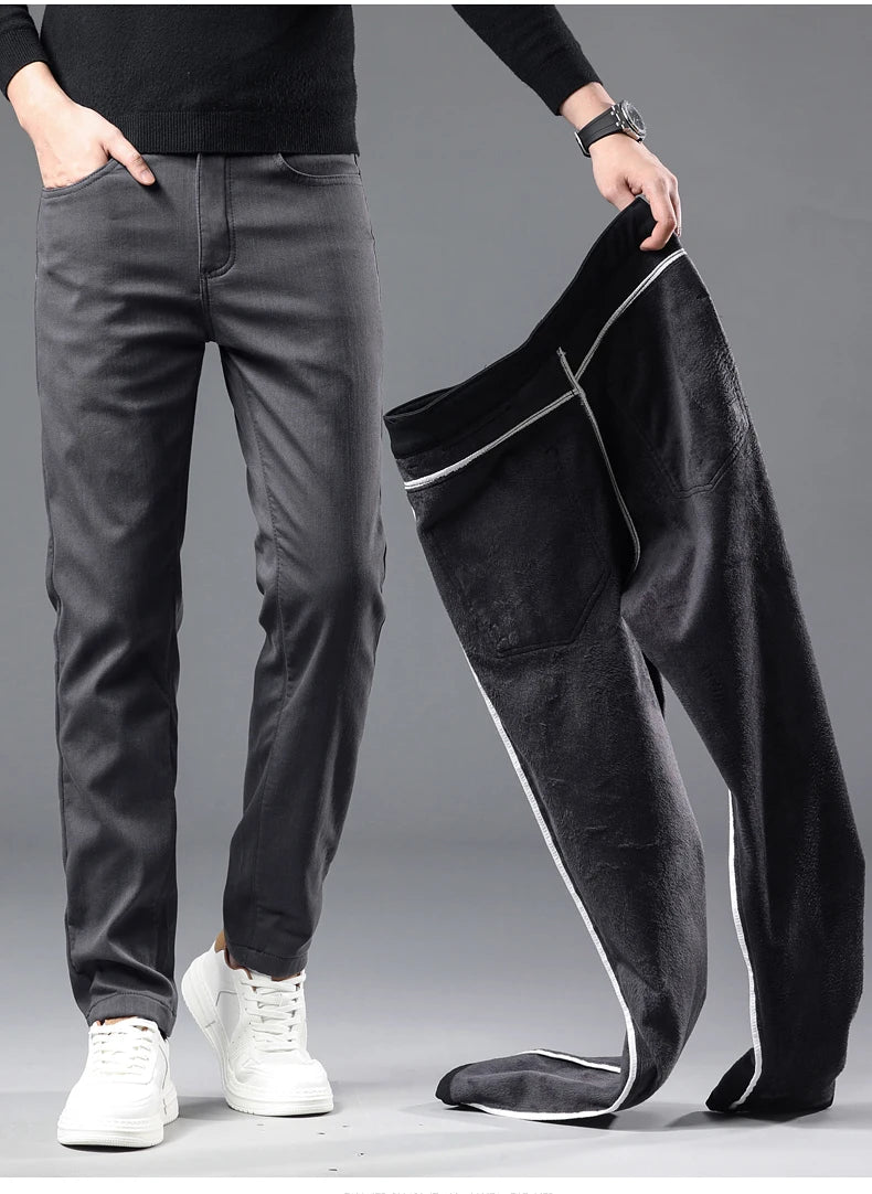 Fleece Pants Men's Winter Thick Slim Elastic Business Casual Velvet Pants Warm Fashion Solid Color Plush Trousers Male