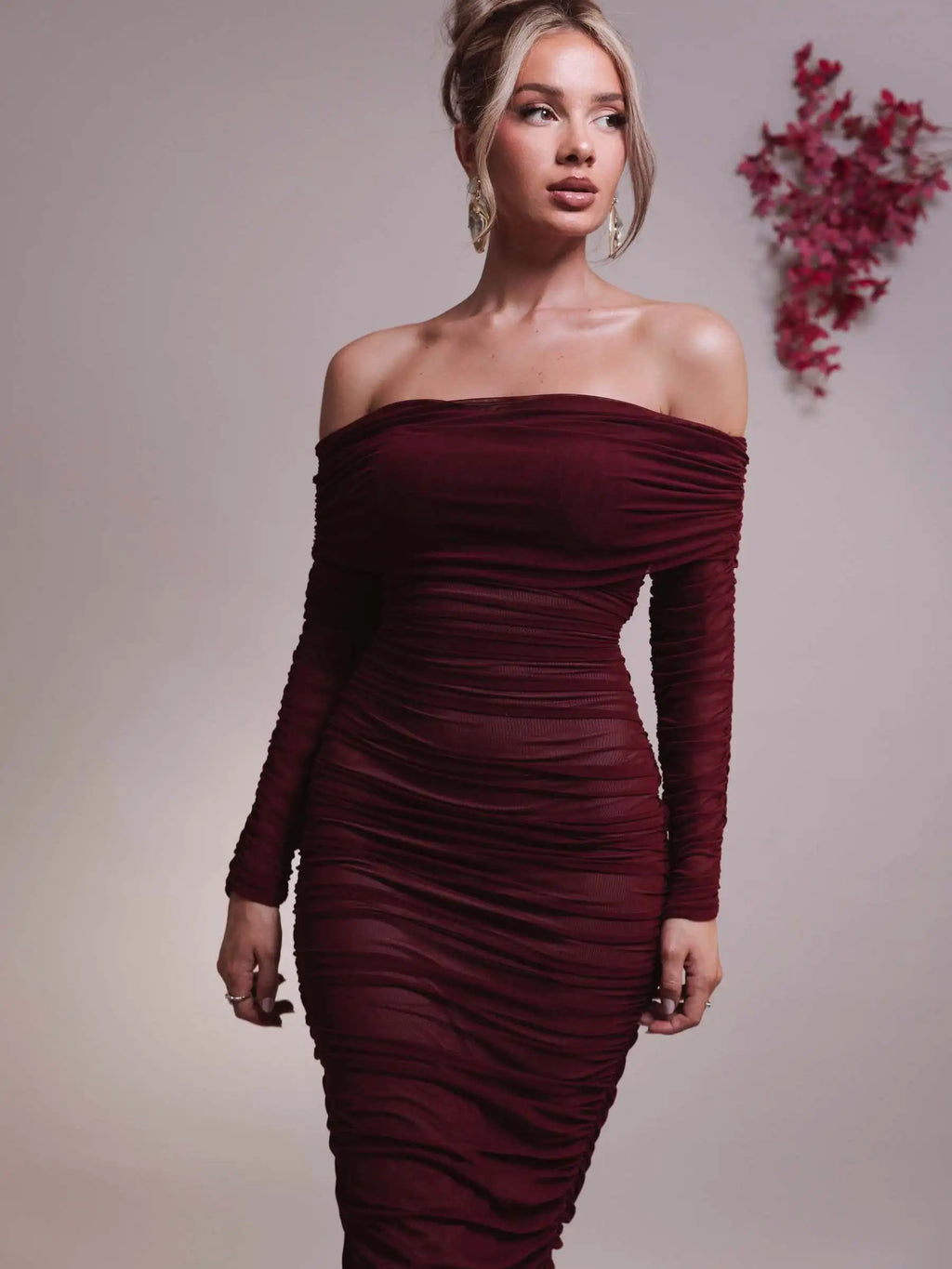 Articat Elegant One Shoulder Mesh Patchwork Long Sleeve Party Evening Dress