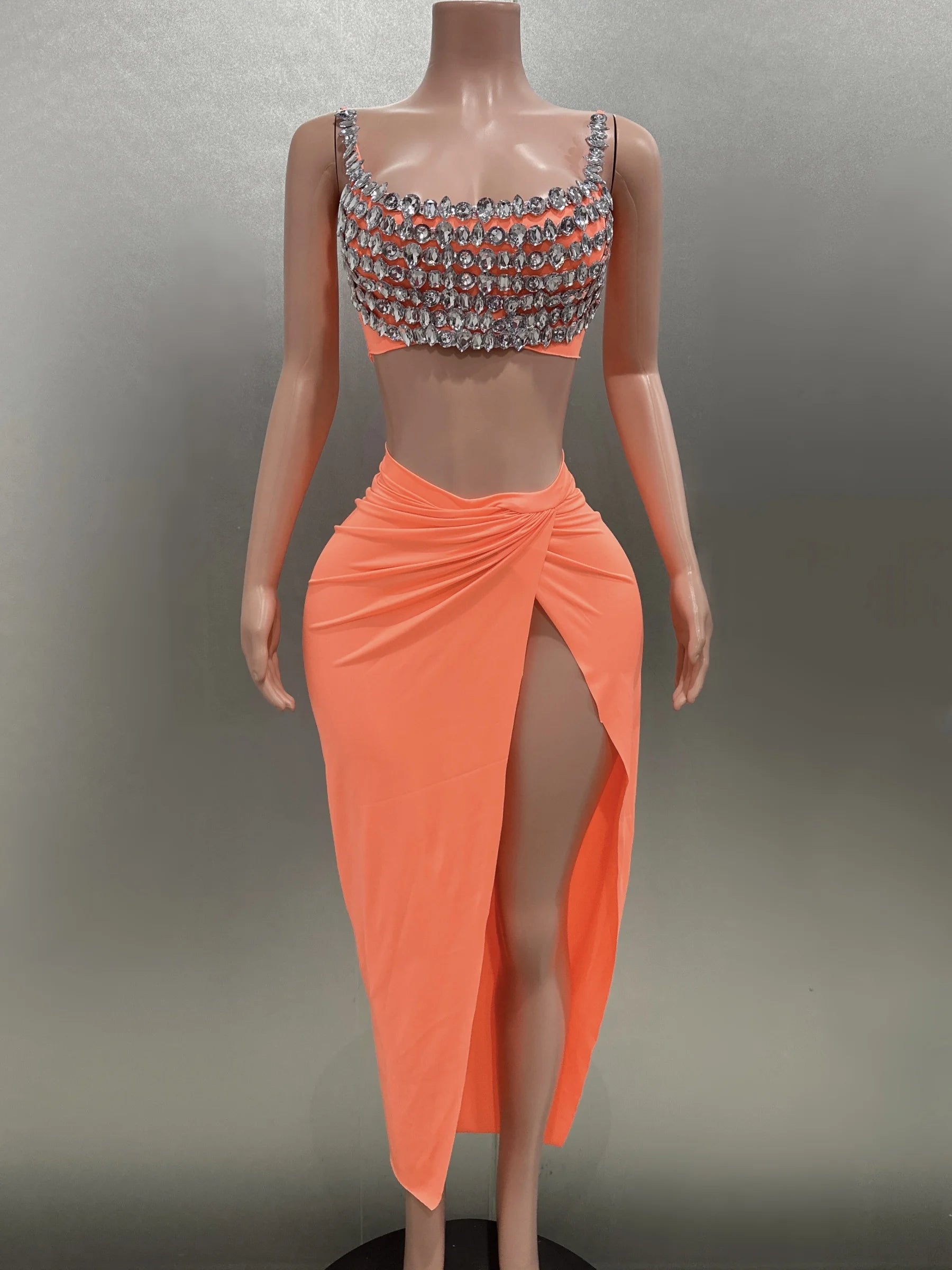 Sparkly Diamond Sexy Mini Tops Slit Sheath Skirt Two-Pieces Evening Party Performance Costume Nightclub Singer Stage Wear Sets