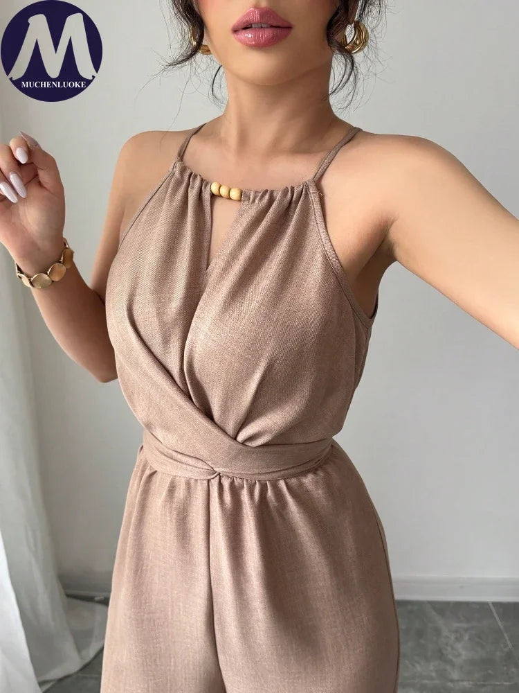 Woman Jumpsuits Elegant Summer Fold Off Shoulder Beads Jumpsuits Fashionable Slim Fit Belt Button High Waist Wide Legs Jumpsuits