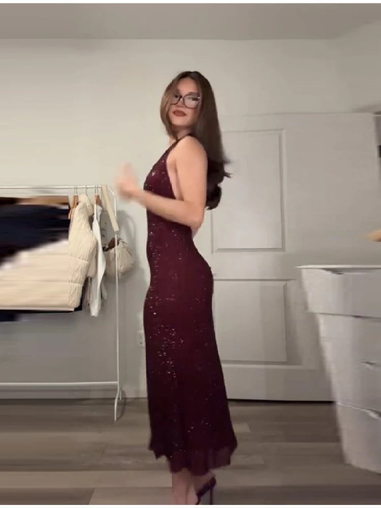 Women's Elegant Maxi Dress, Red, Shinny with Diamonds, A-Line Deep V Neck, Sleeveless Dress