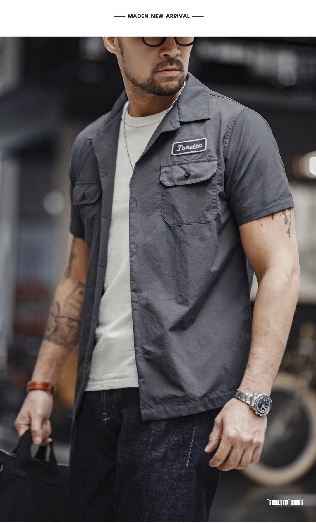 Maden Retro Toretto Short-sleeved Shirt Dark Gray Single-Breasted Large Size Lapel Thin Shirt for Men's Summer Tops