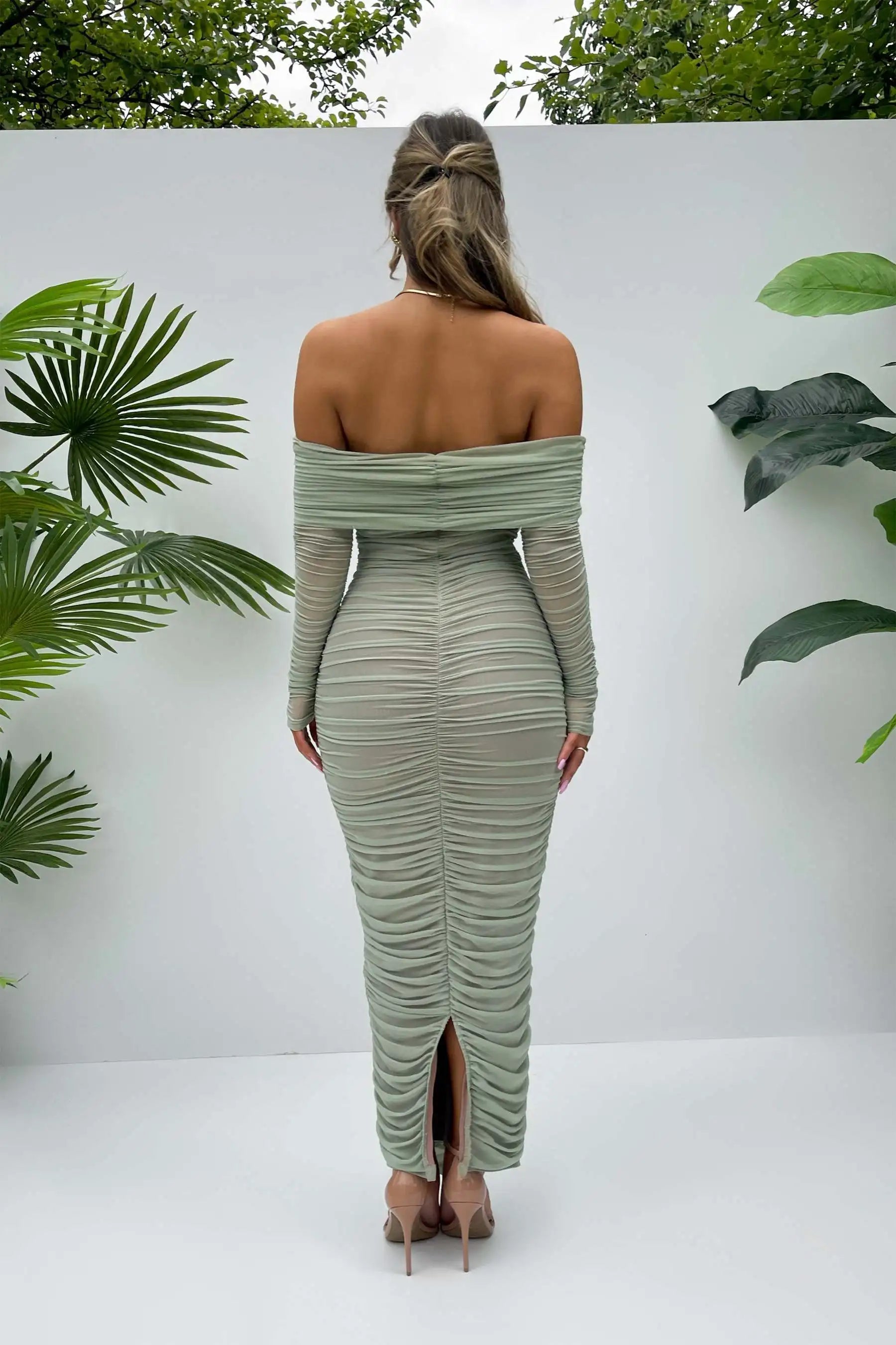 Articat Elegant One Shoulder Mesh Patchwork Long Sleeve Party Evening Dress