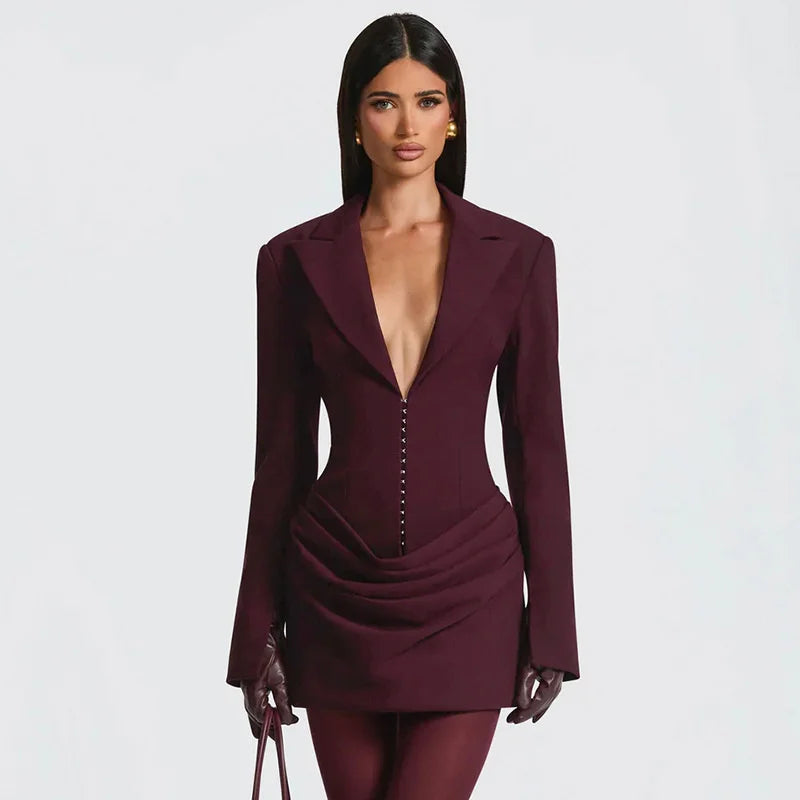 Elegant Deep V Neck Ruched Mini Autumn Long Sleeve Slim High Waist Fashion Patchwork
