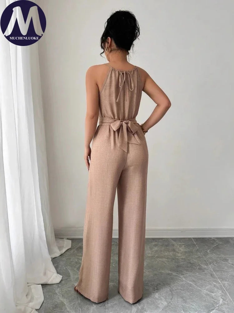 Woman Jumpsuits Elegant Summer Fold Off Shoulder Beads Jumpsuits Fashionable Slim Fit Belt Button High Waist Wide Legs Jumpsuits