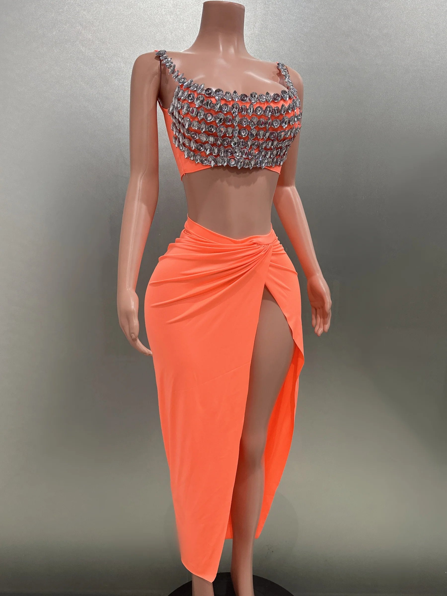 Sparkly Diamond Sexy Mini Tops Slit Sheath Skirt Two-Pieces Evening Party Performance Costume Nightclub Singer Stage Wear Sets