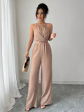 Women's Casual Halter Jumpsuit Spring and Summer Daily Solid Slim-Fit Backless Sleeveless Jumpsuit Lady's Floor-Length Trousers