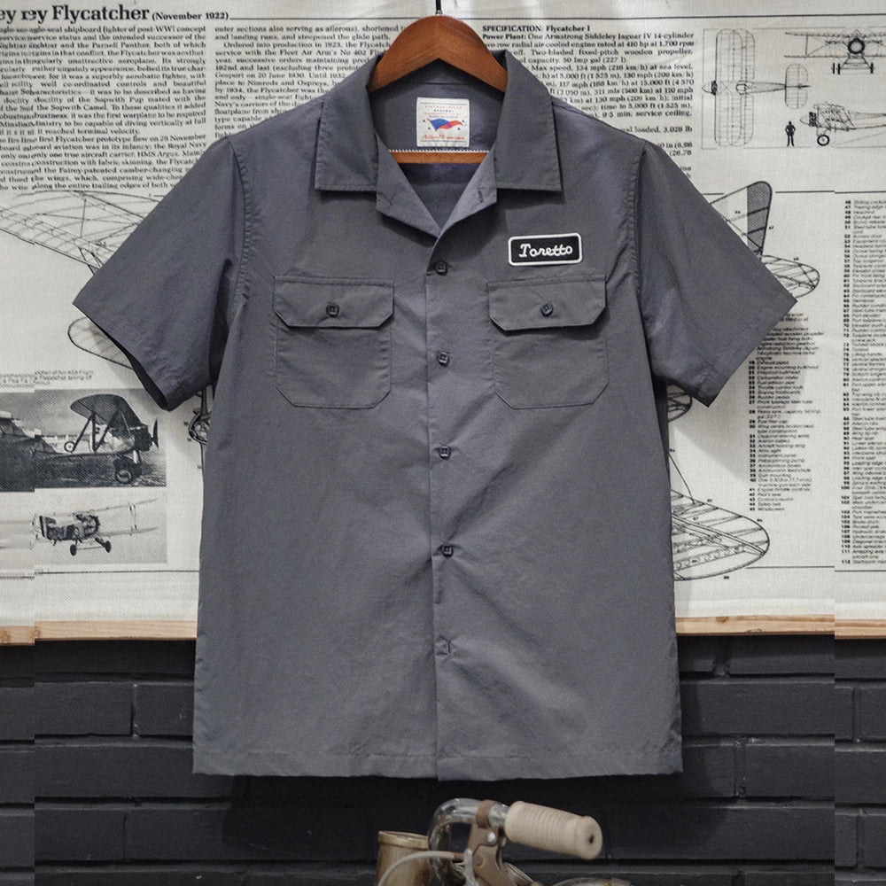 Maden Retro Toretto Short-sleeved Shirt Dark Gray Single-Breasted Large Size Lapel Thin Shirt for Men's Summer Tops